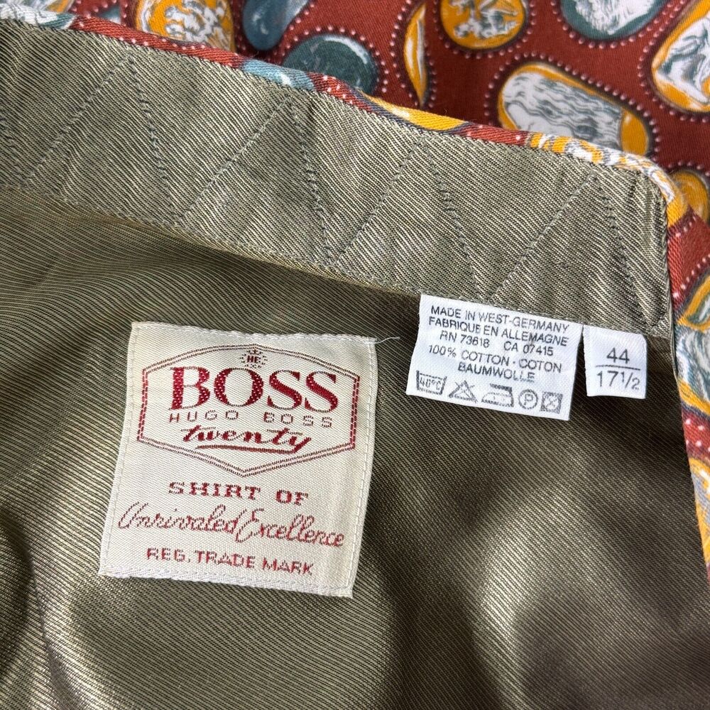 Vintage Hugo Boss Shirt Mens 17.5 Button Up Roman Art Print Camp 70s 80s Retro - Picture 8 of 10
